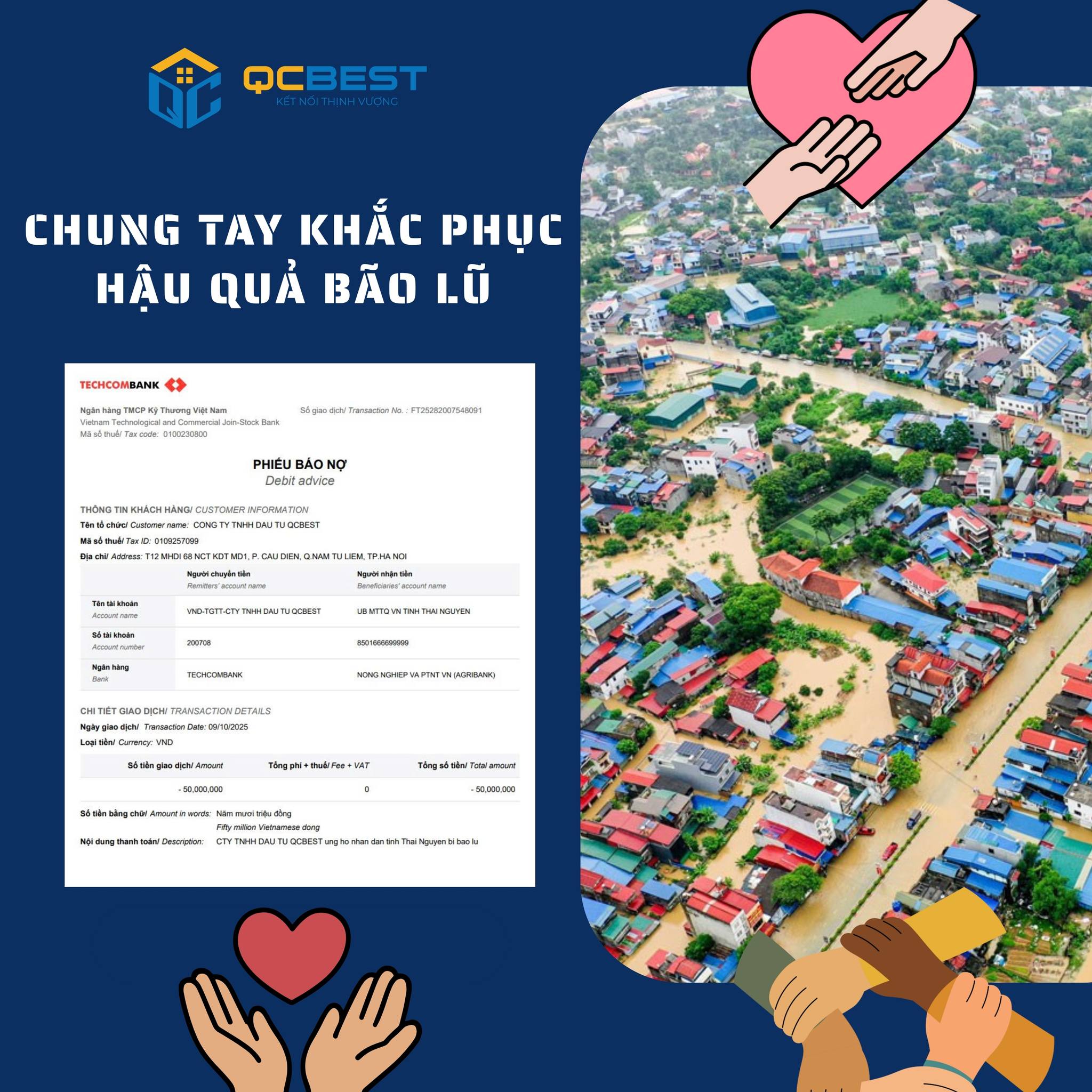 Ngày 10/10/2025, QCbest đã chuyển khoản 50 triệu đồng để hỗ trợ người dân Thái Nguyên khắc phục hậu quả bão lũ Bualoi vừa qua.